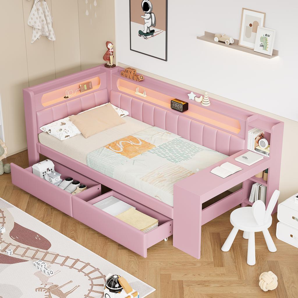 Upholstered 90x200 Daybed with USB Ports and LED Strip, with Desk and 2 Drawers, Pink