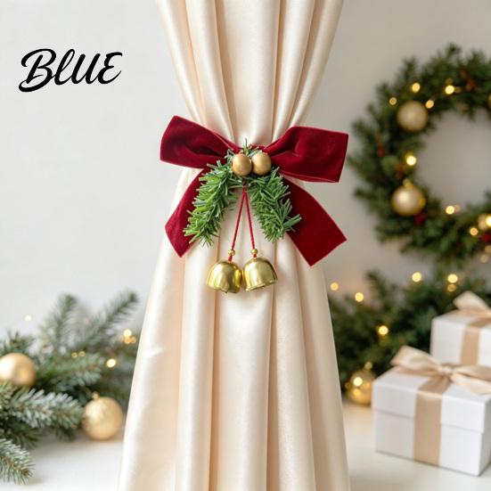 Festive Curtain Holders Christmas Bow Tieback with Bells Faux Pine Branch Holder Flocked Fabric Red Drapery Holdback for Holiday Home Window