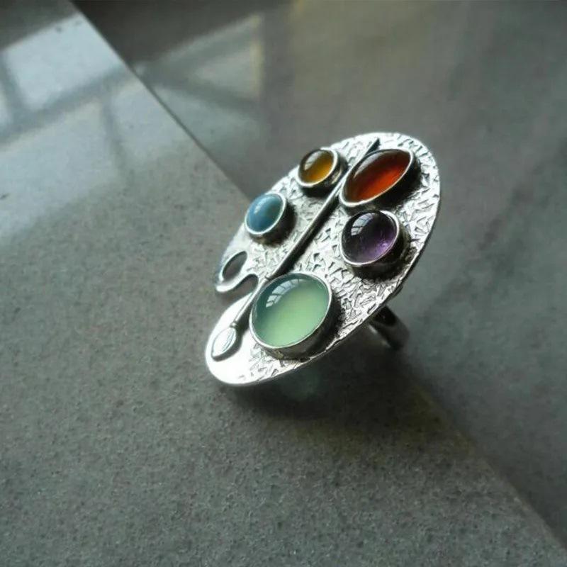 Multicolor Oval Palette Index Finger Ring with Diamond Bohemian Style Ring Retro Open Adjustable Ring