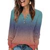 Women's Fashion V-Neck Button-Up T-Shirt With Gradient Print Long-Sleeved Top