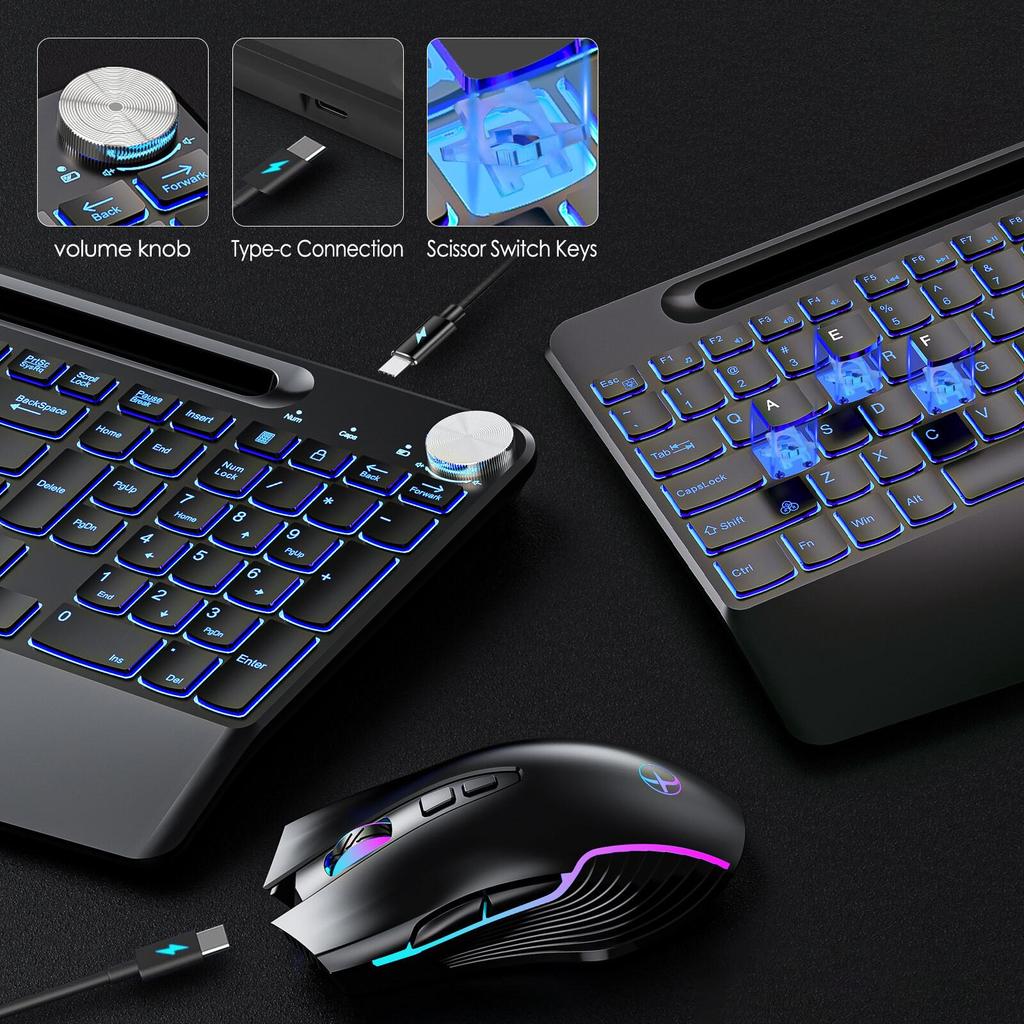 Беспроводная RGB-клавиатура и бесшумная мышь 2,4 ГГц в комплекте с регулируемой подсветкой и защитой от отключения экрана.