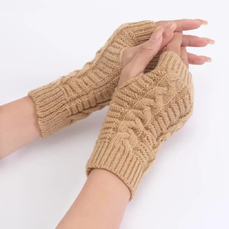 Winter Warm Knitted Fingerless Gloves Couple Half-Finger Twisted Cable Pattern Unisex Hand Warmer Mitts
