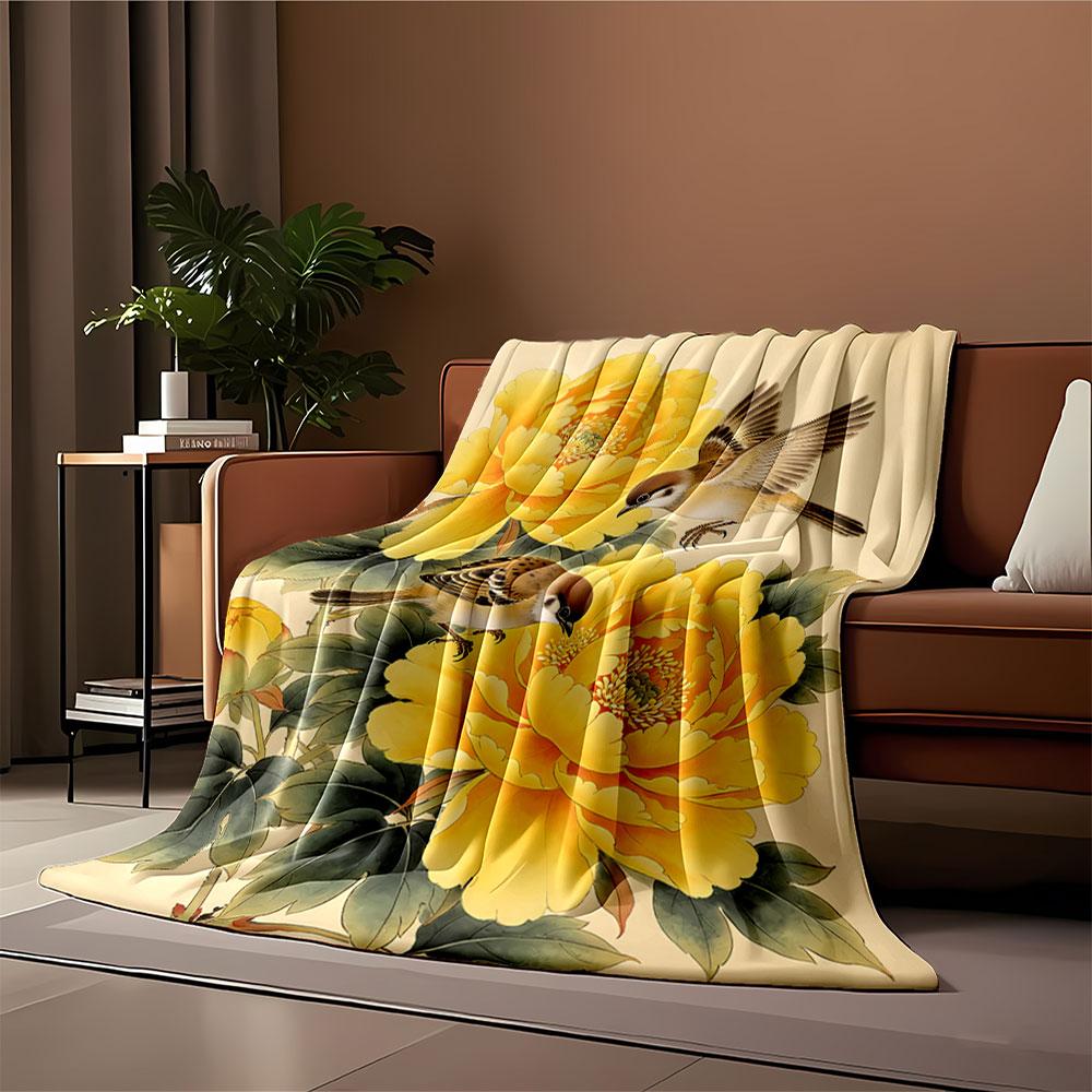 Bright yellow flowers with detailed sparrows amidst green leaves. for all seasons blanket lunch break throw gift