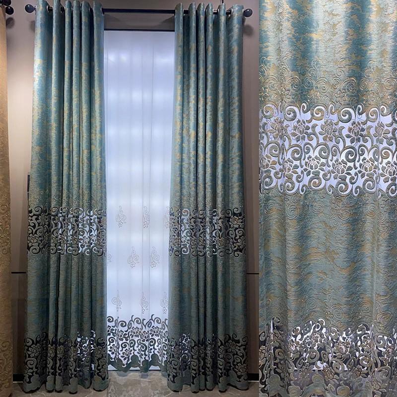 Elegant European Style Blue Velvet Curtains With Embroidered Cutwork Sheer Living Room Balcony Floor To Ceiling Windows