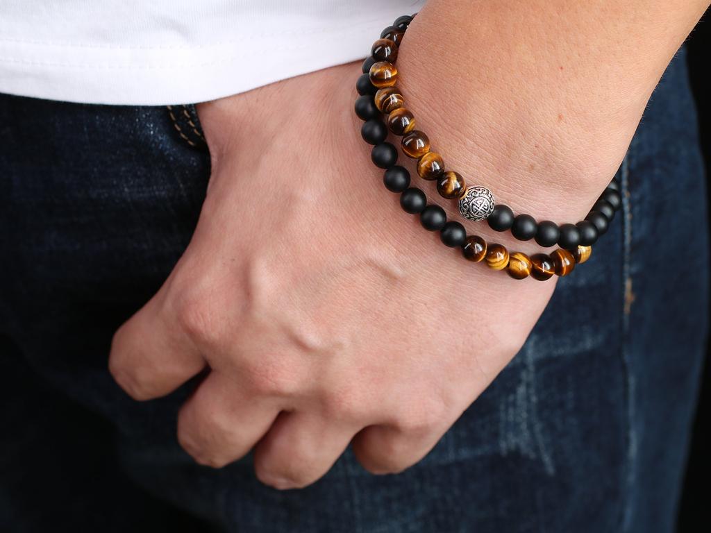 COAI Tiger Eye and Matte Onyx Bracelet with Silver Lightning Power Good Luck for Men and Women Design, Double-Wrapped Stones, Charm,