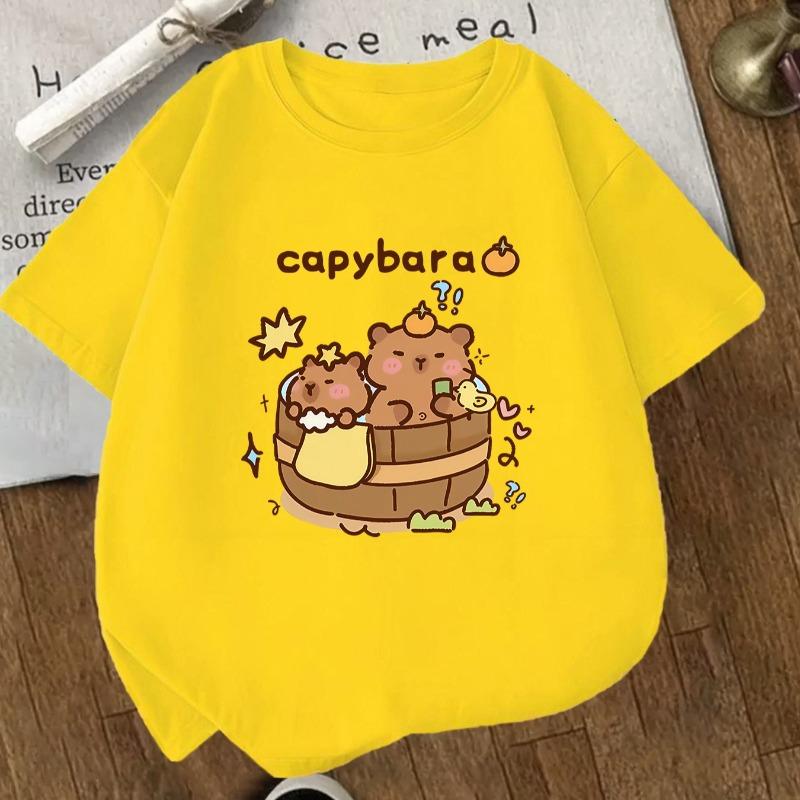 Kids Crewneck Short Sleeve Tee, Capybara Pufferfish Print Sports Casual Top for Kids