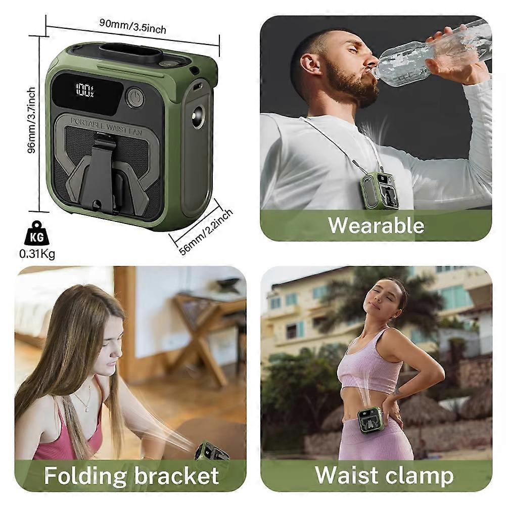 10000mAh Wearable Fan Mini Waist Fan 5 Speed USB Rechargeable Waist Clip Fan Emergency Mobile Power for Outdoor Green less