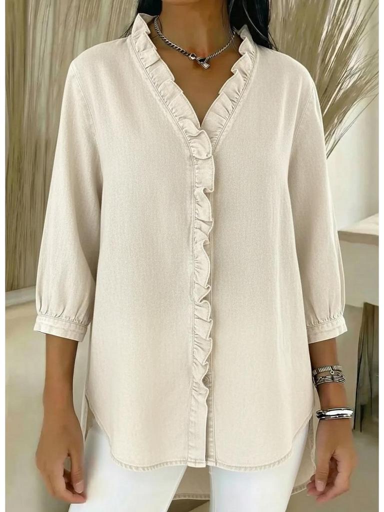 Женская повседневная блузка с V-образным вырезом и рюшами из искусственного денима, весна/лето 2026