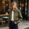 Womens Faux Leather Biker Jacket With Stand Collar Front Pockets Short Length Street Style