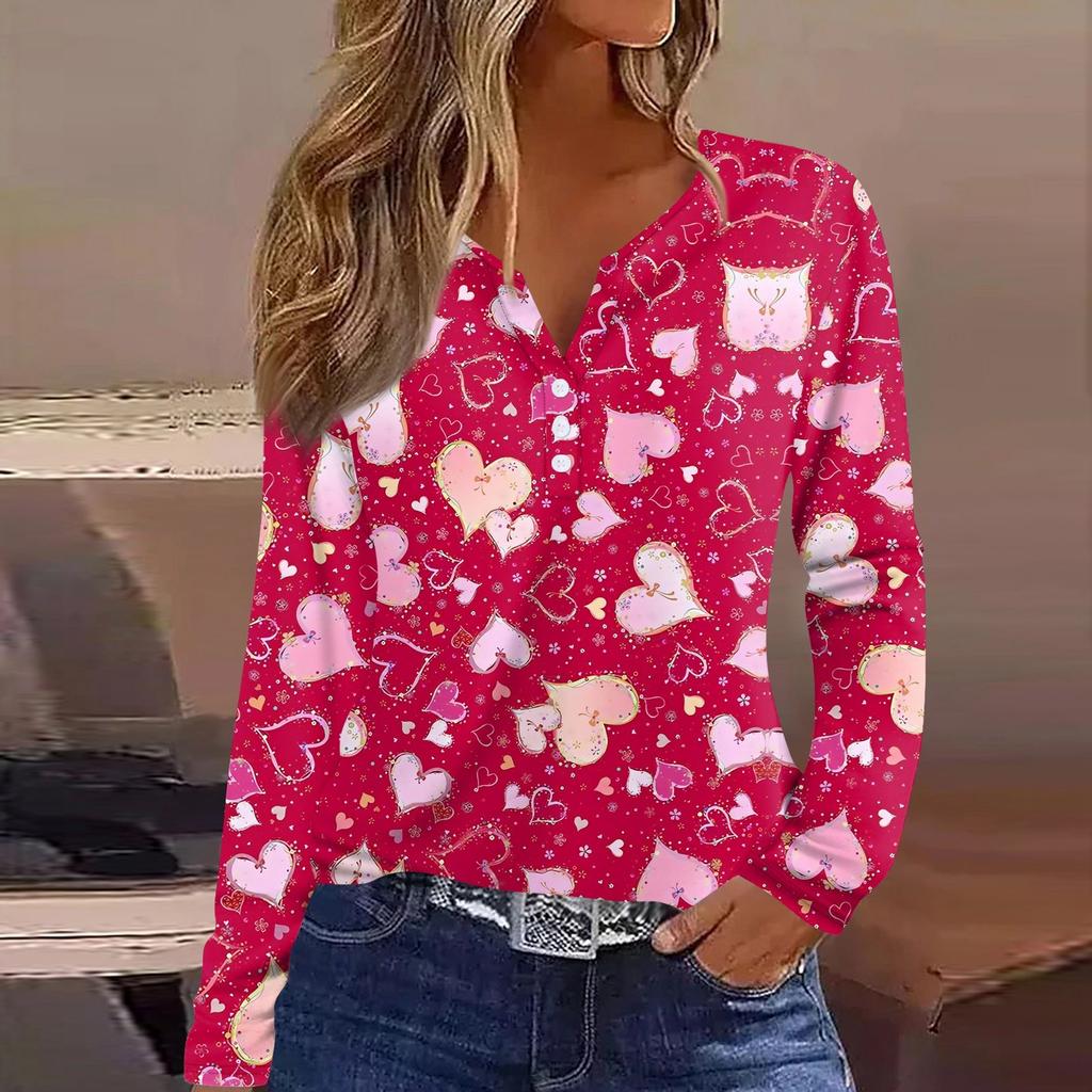 Женская футболка с принтом ко Дню святого Валентина, туника с длинным рукавом и пуговицами, повседневная мода на выходные, базовый топ с V-образным вырезом