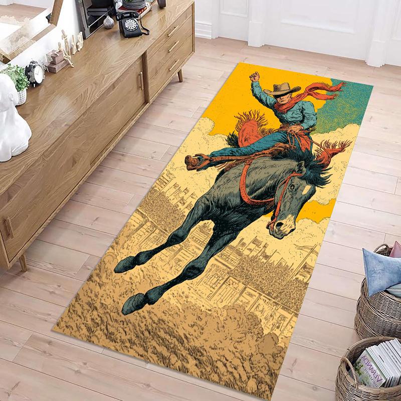 Retro Western Cowboy Long Runner Rug Dynamic Horse Riding Print Durable Wear-resistant Non-slip Carpet for Hallway Entryway