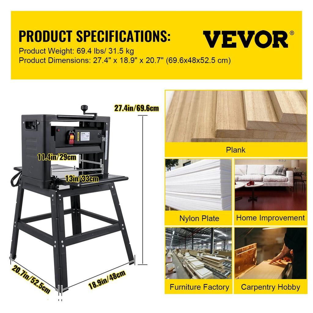 Thickness Planer 13-Inch Benchtop Planer 2000W Wood Planer 8000 rpm Woodworking Planer 10 AMP Wood Planer Foldable 6m/min Planing Speed with Iron