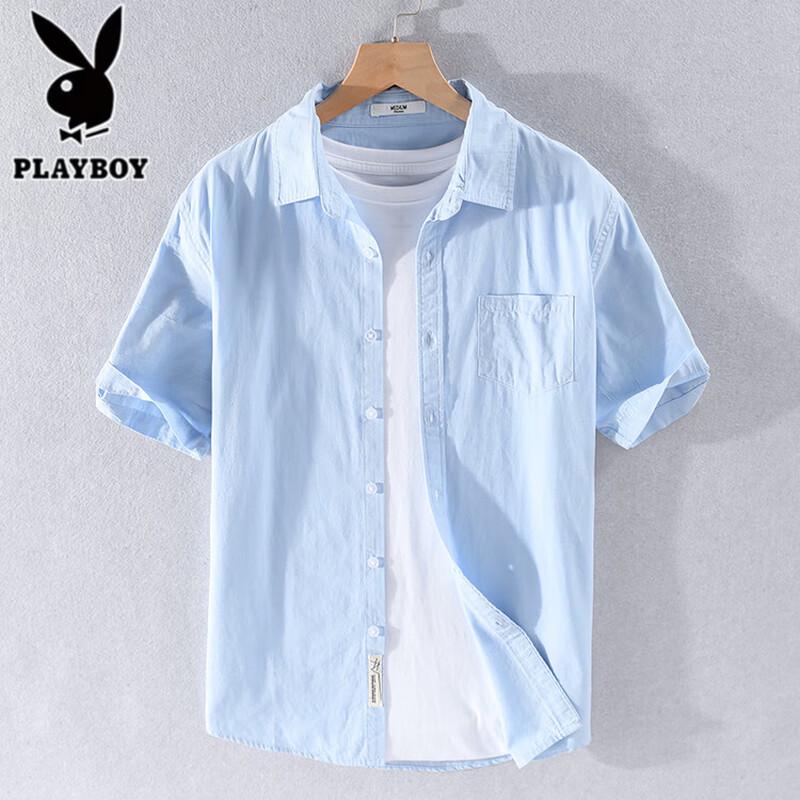 PLAYBOY Мужская повседневная рубашка с коротким рукавом из чистого хлопка
