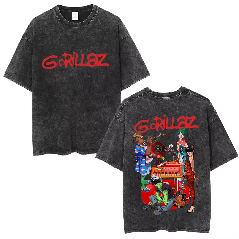 Washed Vintage Rock Band Gorillaz Graphic Tshirts Men Women CasualOversized Short Sleeve T Shirts Mens Retro Gothic Streetwear