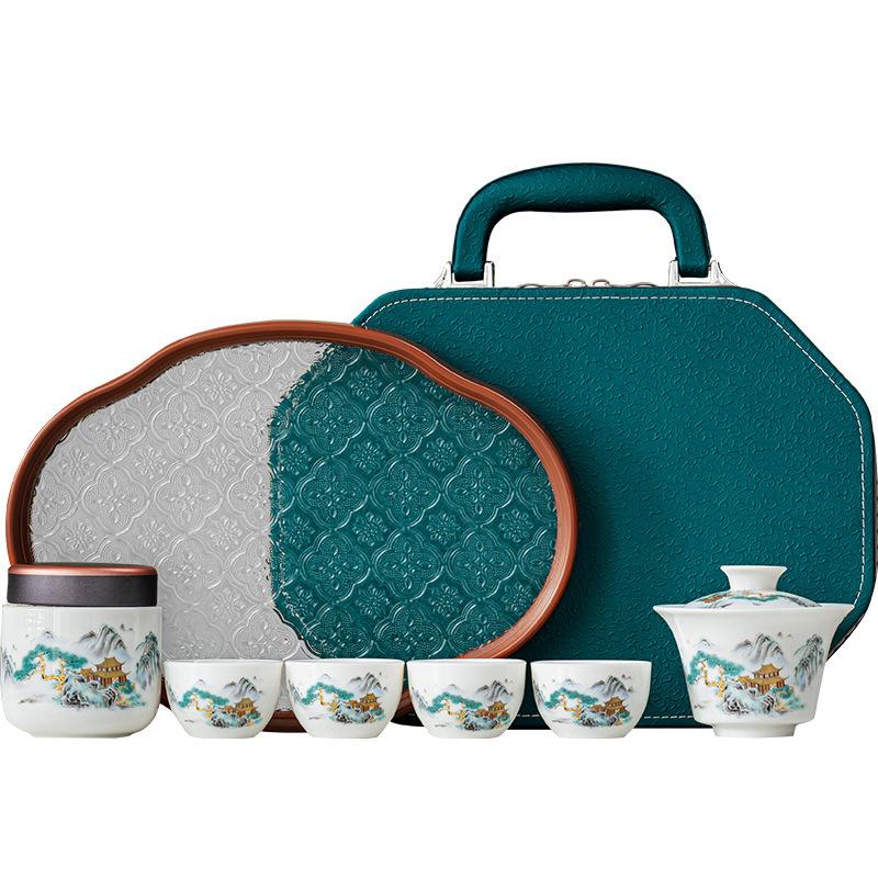 Travel tea set Dehua suet jade rime pavilion cover bowl outdoor express cup business custom printing corporate souvenirs