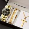 3pcs ,Luxury Golden Business Wristwatch Set - Stainless Steel Date Pointer Quartz Movement, Elegant Watch & Matching Necklace