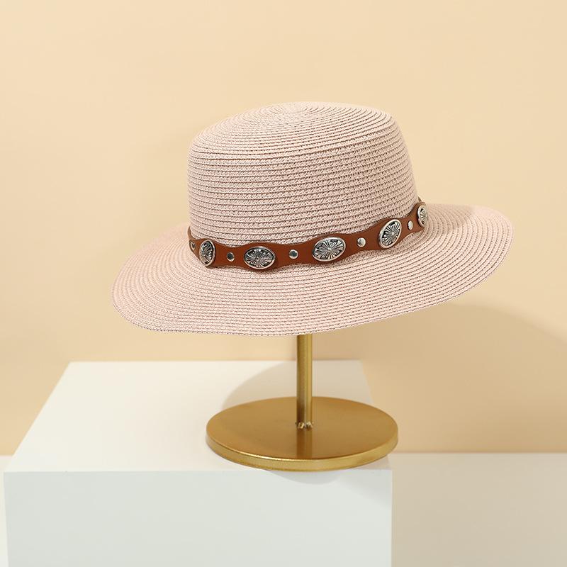 Summer new rivet belt straw woven flat top hat casual retro sun hat travel vacation straw hat sun protection hat women