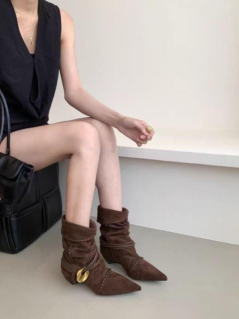 Женские замшевые ботильоны на низком каблуке в стиле ретро 2025: Остроносый, Сборчатый, С завязками, Многосторонний Модный