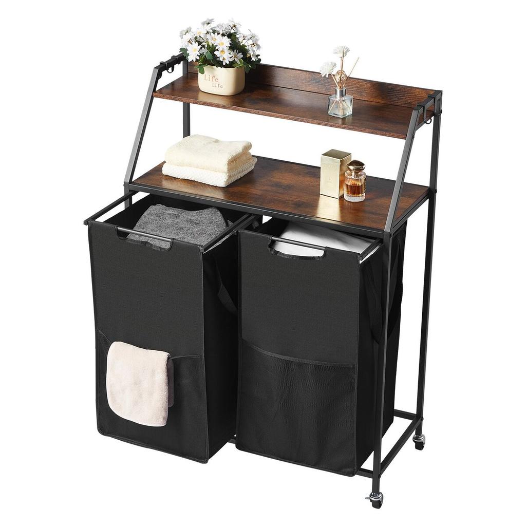 2 Tiers Laundry Sorter Tall Laundry Hamper with Wheels and Hooks 2 Section
