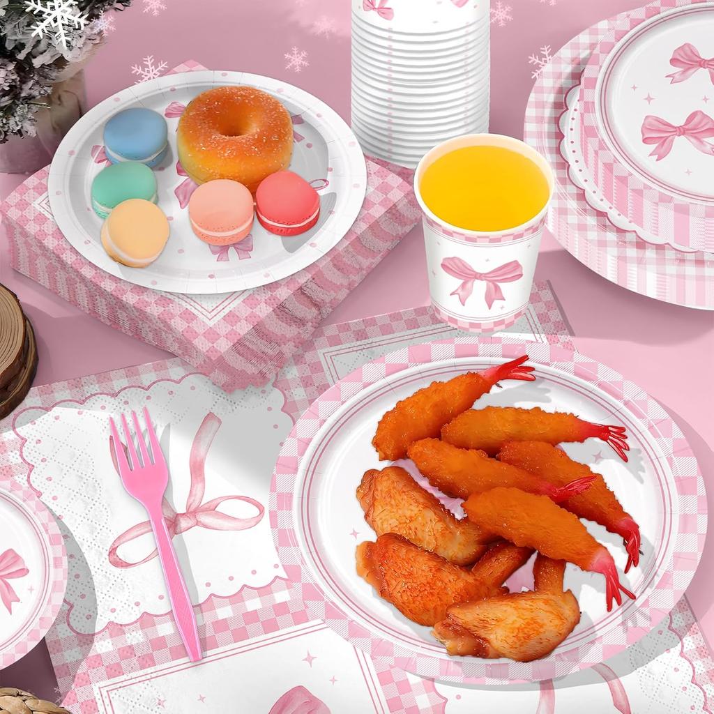 150pcs Pink Bow Party Supplies Bow Birthday Plates Napkins Paper Cup Fork Bow Birthday Decorations for Girl Bachelorette Bridal Engagement Coquette