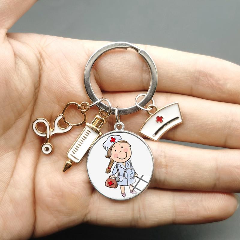 Paint Fashion Creative Nurse Medical Syringe Stethoscope Image Keychain Glass Suitable Nurses and Doctors Key Ring Pendant Gift