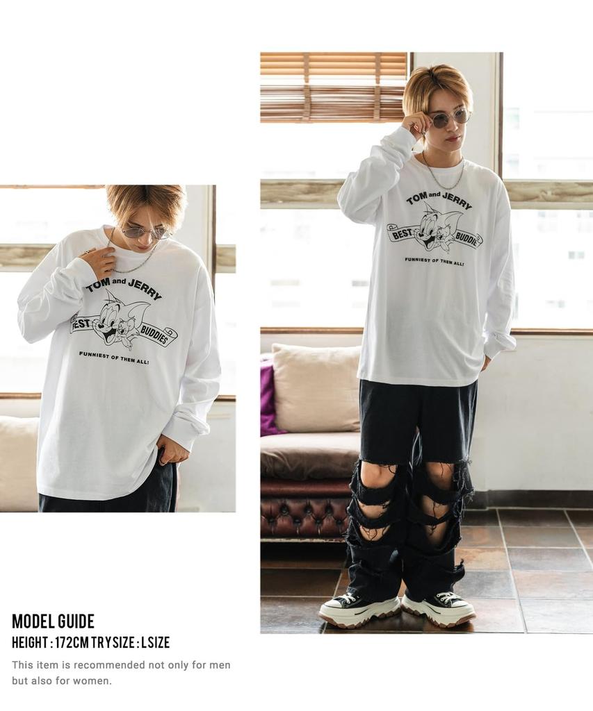 [IMPROVES] Casual [TOM & JERRY] Custom-made Buddies Oval Long Sleeve T-Shirt, Men's, Oatmeal
