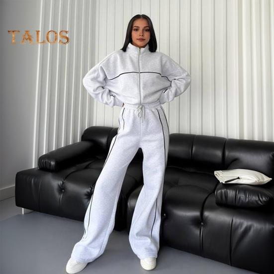 Женский комплект из 2 предметов: пальто и брюки, полувысокий воротник, застежка-молния, длинный рукав, эластичный пояс, широкие брюки, карманы, зимний повседневный спортивный костюм
