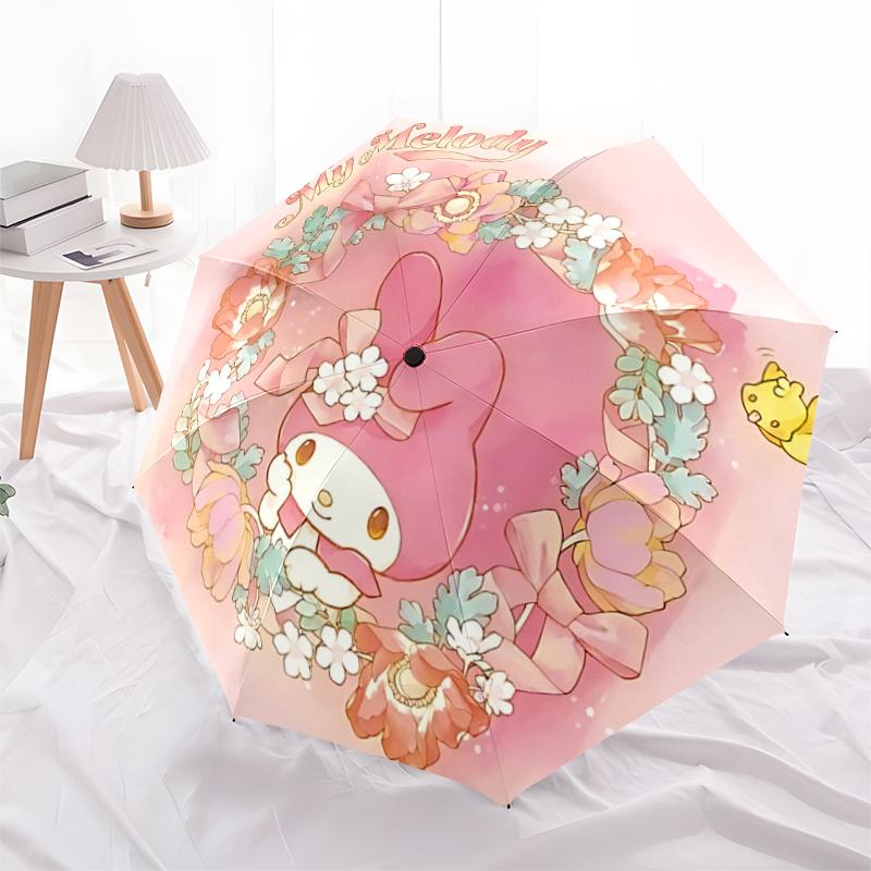 1 шт. Автоматический складной зонт My Melody с цветочным венком - Портативная 3-складная конструкция с железным каркасом, идеально подходит для использования на улице, в качестве праздничных подарков, для путешествий, на каждый день