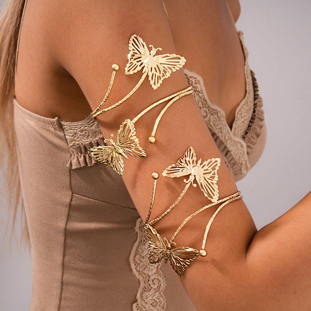 Elegant Metal Open Cuff Bangle Adjustable Armlet Jewelry Fashion Butterfly Arm Chain Banquet