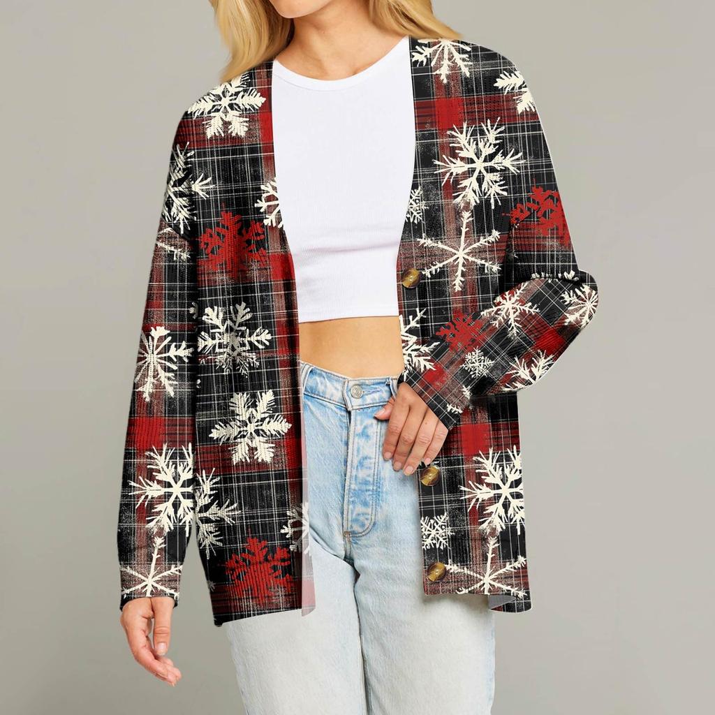 Женский модный кардиган с длинным рукавом, V-образным вырезом, на пуговицах, свободного кроя, с рождественским принтом