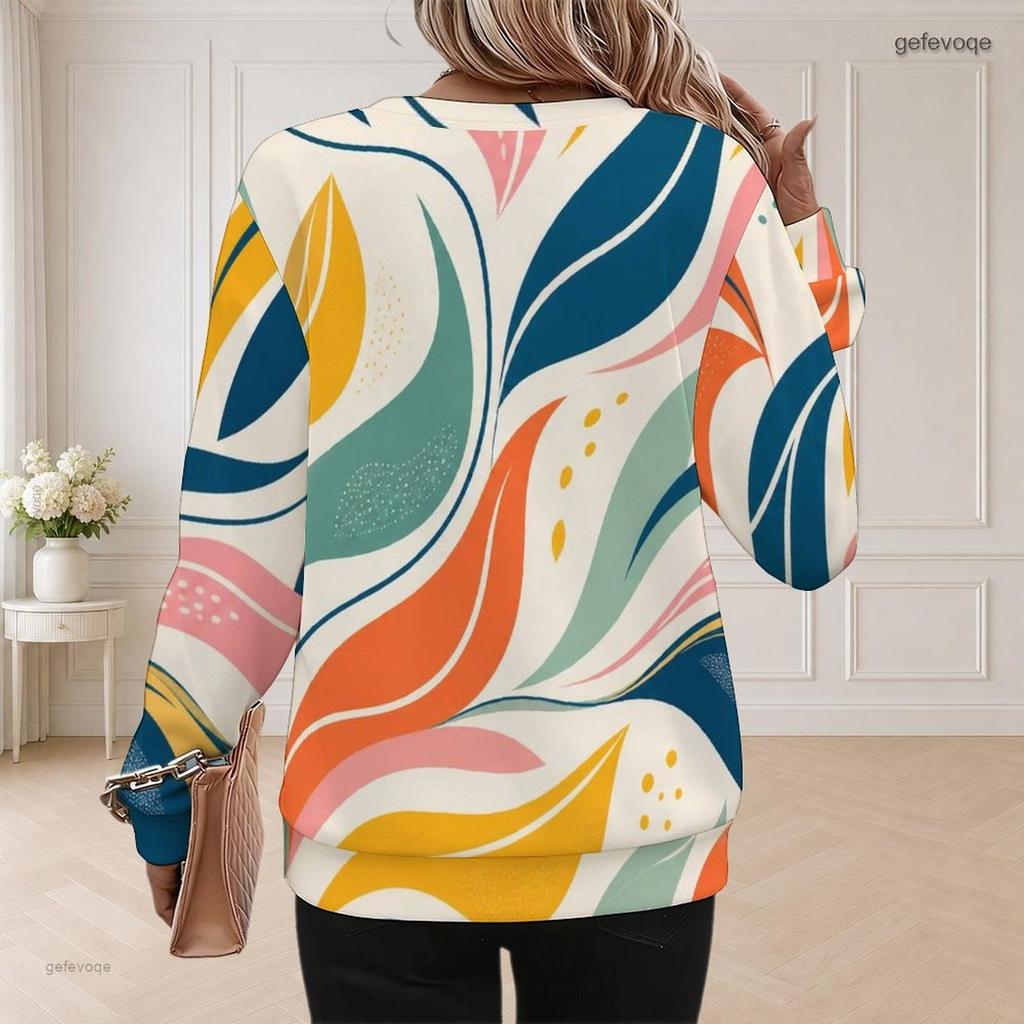 Women Plus Size Round Neck Long Sleeve Abstract Printed Ribbed Cuffs Pullover Sweatshirt
