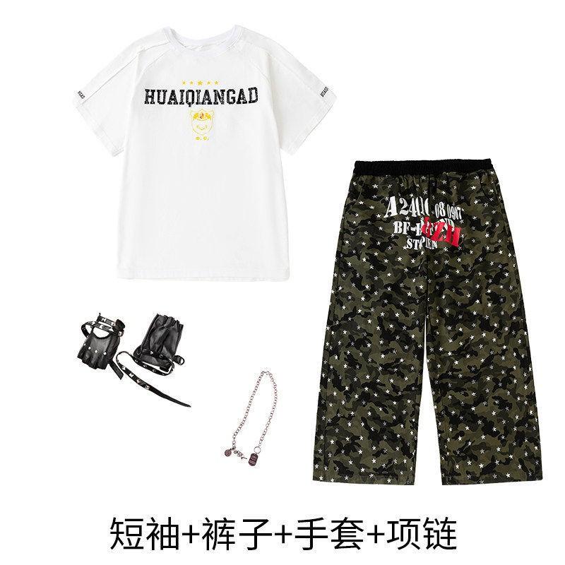 Kids Hip Hop Dance Outfit Set Boy Girl Loose Streetwear Performance Costume Cotton Short Sleeve Top Camo Pants