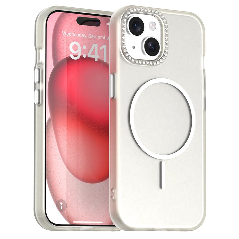 For iPhone 15 Plus/14 Plus Case Compatible with MagSafe TPU+PC+PET Phone Cover Rhinestone Decor Lens Frame