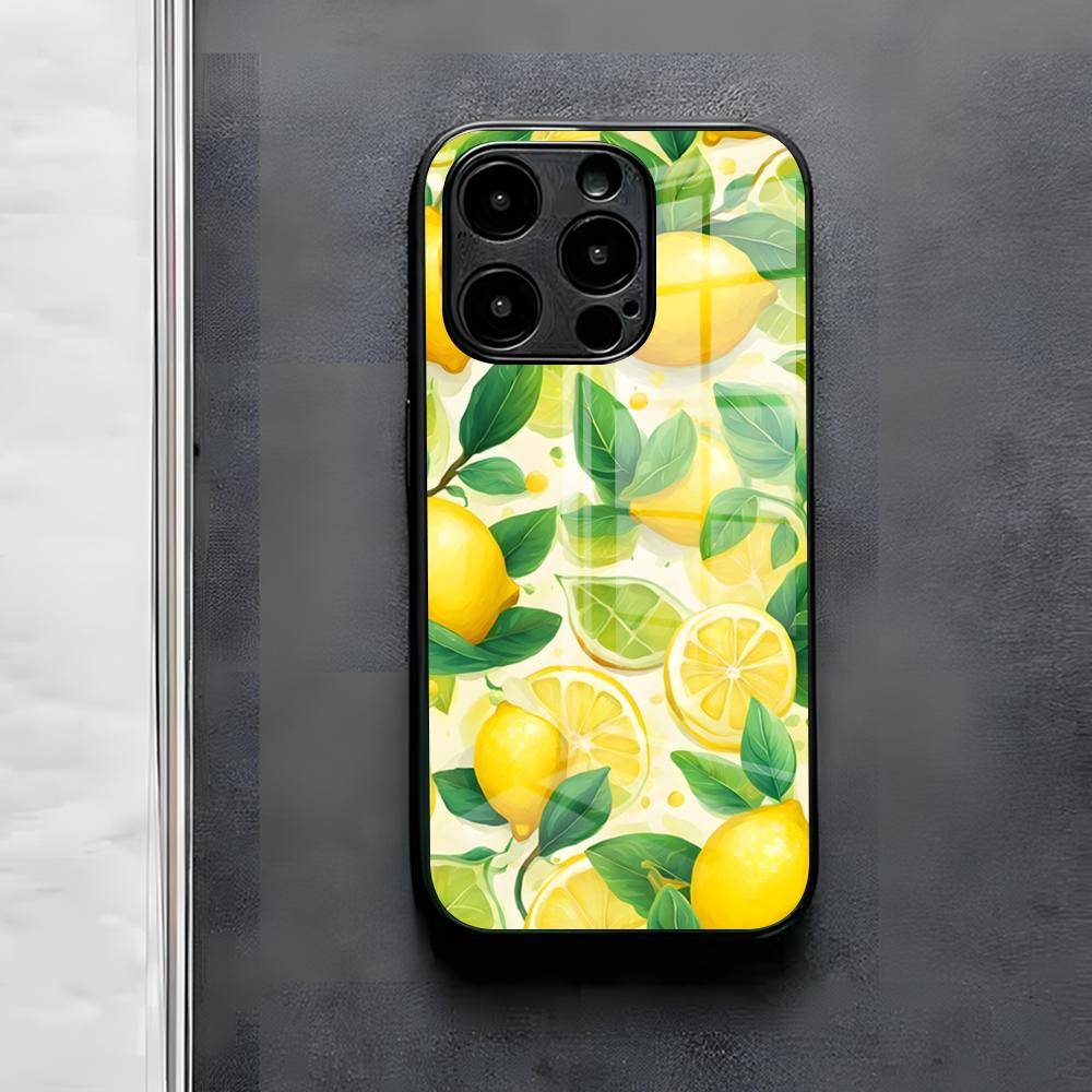 Фруктовый чехол-лимон для iPhone 17 Air 16 E Pro Max 15 14 13 Mini 12 Pro 11 Max Plus Черная стеклянная крышка