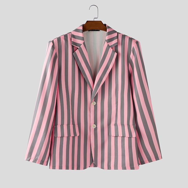 INCERUN Oversized Men Lapel Neck Long Sleeve Striped Print Casual Thin Blazer Suit Coats