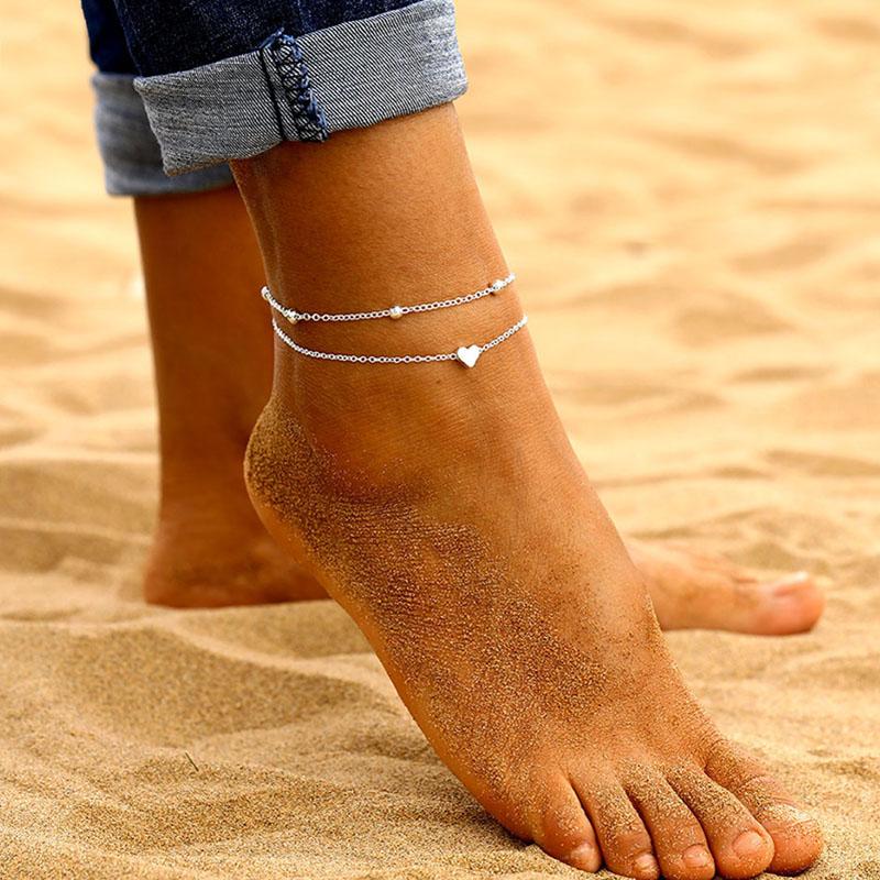 Summer Beach Golden Round Bead Foot Chain Simple Temperament Heart-shaped Anklet Multi-layer Thin Chain Woman ARI