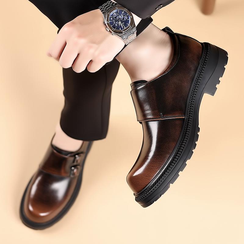 Fashionable Retro Men's Polished Big Toe Leather Shoes Autumn Men Buckle Comfortable Thick Soled Casual Shoes Mengke Trendy Shoe