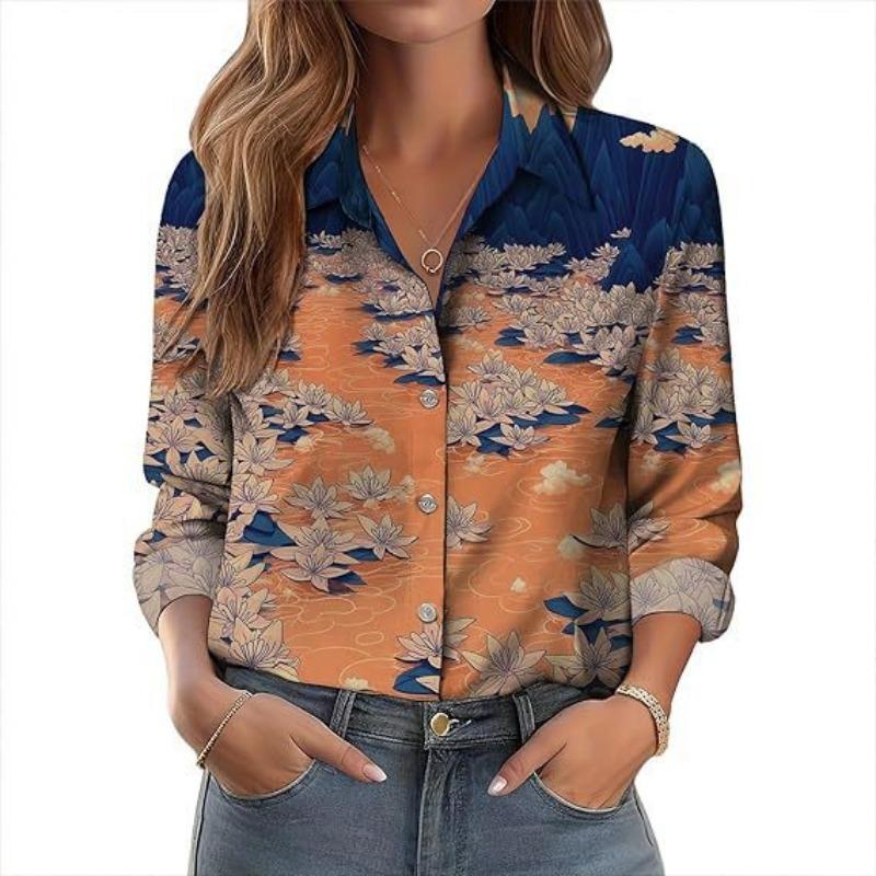 Women S Long Sleeve Shirt 3d Print Turn Down Collar