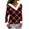 Женская футболка с рождественским принтом, длинный рукав, флисовый воротник, V-образный вырез, футболка