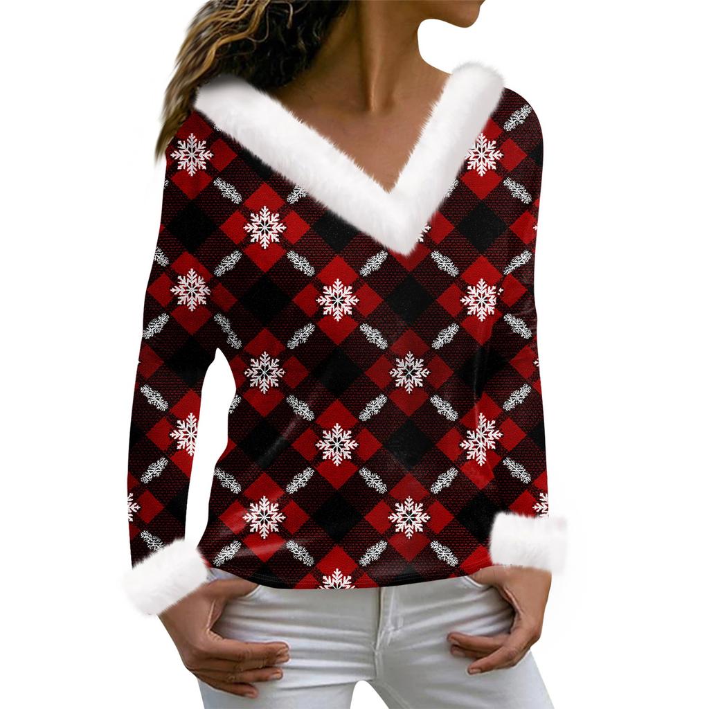 Женская футболка с рождественским принтом, длинный рукав, флисовый воротник, V-образный вырез, футболка
