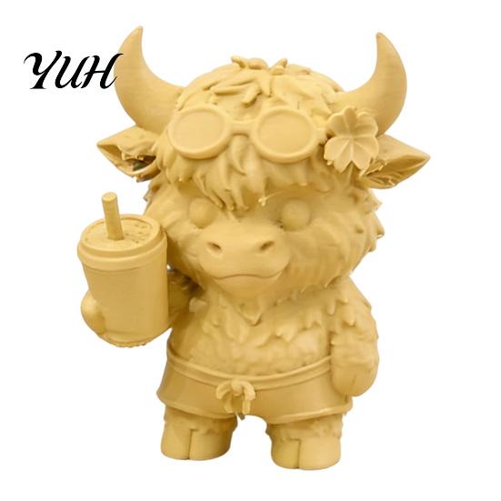 Healing Animal Statue Set 2Pcs Cute Highland Cow Figurine, 3D Printed Bubble Tea Statues, Creative Resin Like Model Summer Farmhouse Style Desktop