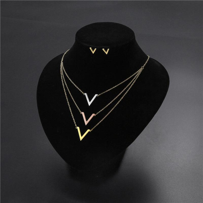 Layered Necklace Earrings Set Jewelry Women Gold Silver High Quality Link Chain Letter V Stainless Steel Necklaces