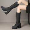 FOREADA Женские полусапоги до середины икры, квадратный носок, платформа, толстый высокий каблук, на молнии, джинсовые сапоги, женская модная обувь, осень-зима, черный, 43