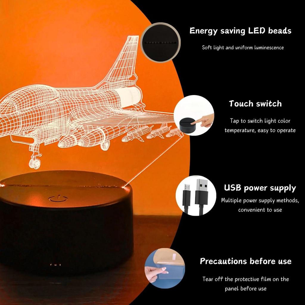 Ночник 3D истребитель, свет 3D оптической иллюзии с сенсорным управлением, 7-цветный меняющийся окружающий свет для спальни