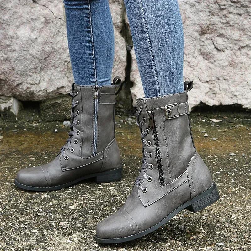 New Plus Size Retro Western-Style Women's Motorcycle Boots with Punk Buckle and Zipper-Mid Calf Lace-Up Boots