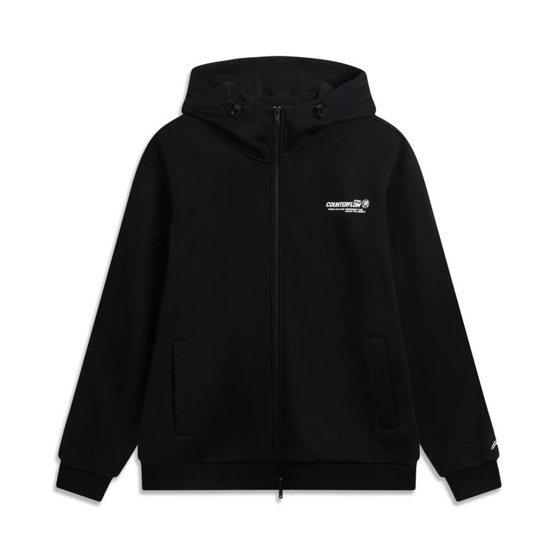 Li Ning Мужская черная термо-толстовка с капюшоном и флисовой подкладкой, антистатическая, свободного кроя, для активного отдыха, CF Tracing, AWDV915-2