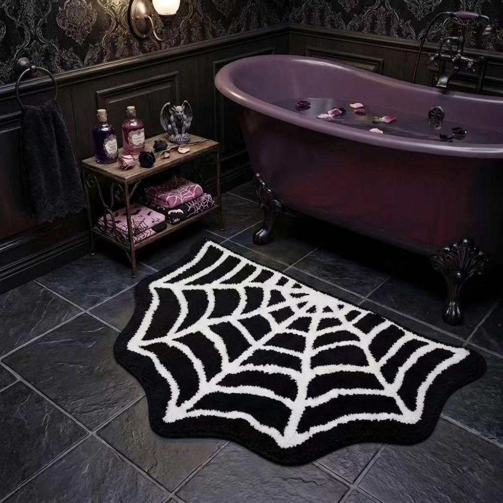 Half Round Spider Web Carpet Non-slip Floor Mat Creative Halloween Doormat for Bathroom&Bedroom