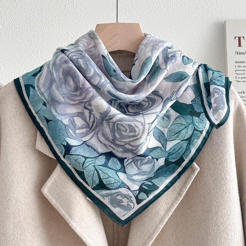 Chinese Camellia Red Cotton and Linen Feel Scarf Women's Small Square Scarf Spring, Autumn and Winter Thin Neck Multifunctional Scarf