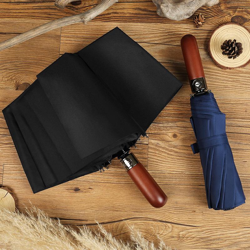 Новый зонт Автоматический двухслойный зонт 10 спиц Ветроустойчивый Деревянная ручка Тройного сложения Настройки Зонт