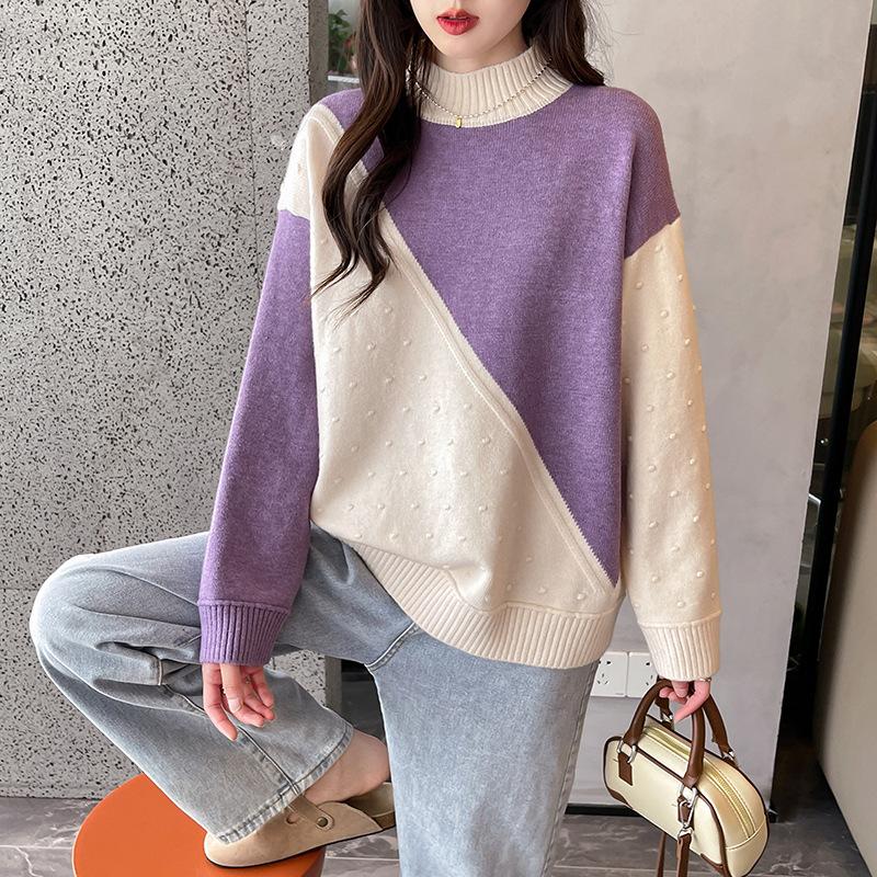 Осень-зима Модный стиль Женские цветные блоки с полувысоким воротом Свободные и универсальные повседневные женские свитера